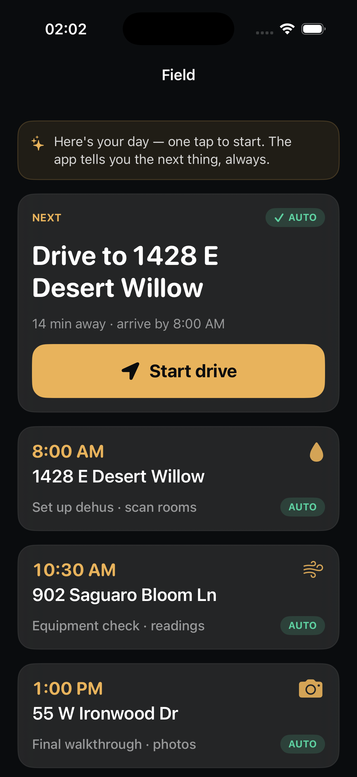 The DRYLINE field app showing the day's work queue: a Start-drive card to the first job, then a timed list of stops — set up dehus, equipment check, final walkthrough — each marked AUTO.