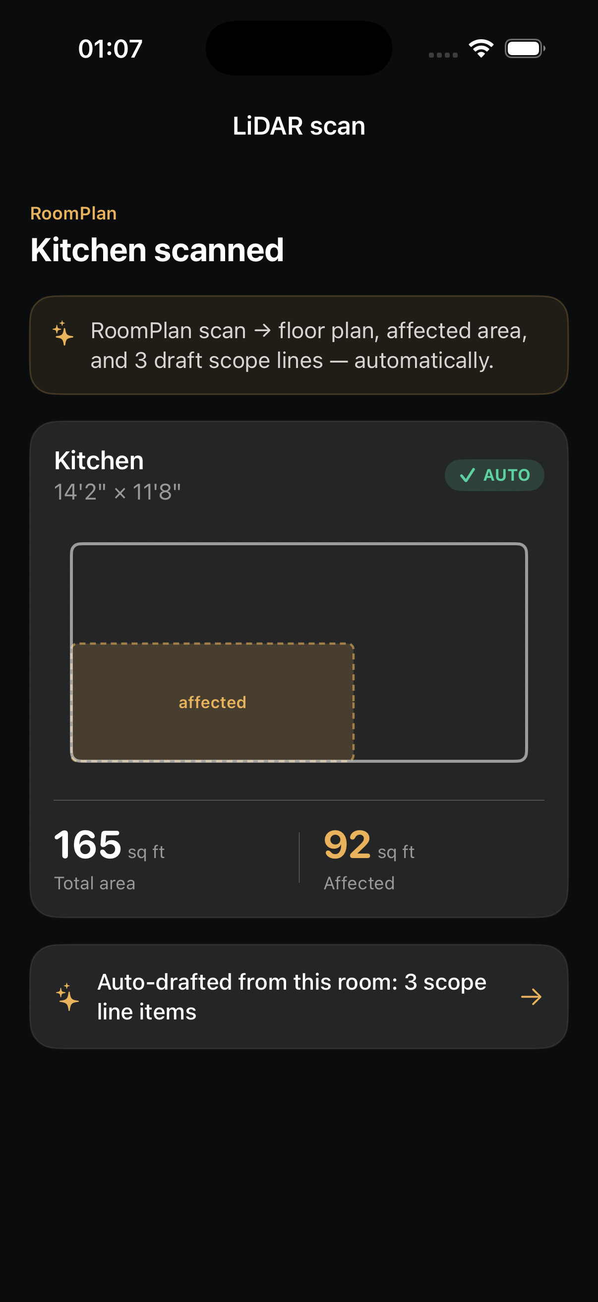 LiDAR scan result: 'Kitchen scanned' — a RoomPlan floor plan with the affected area shaded, 165 sq ft total area and 92 sq ft affected, marked AUTO, with a note that three scope line items were auto-drafted from the room.