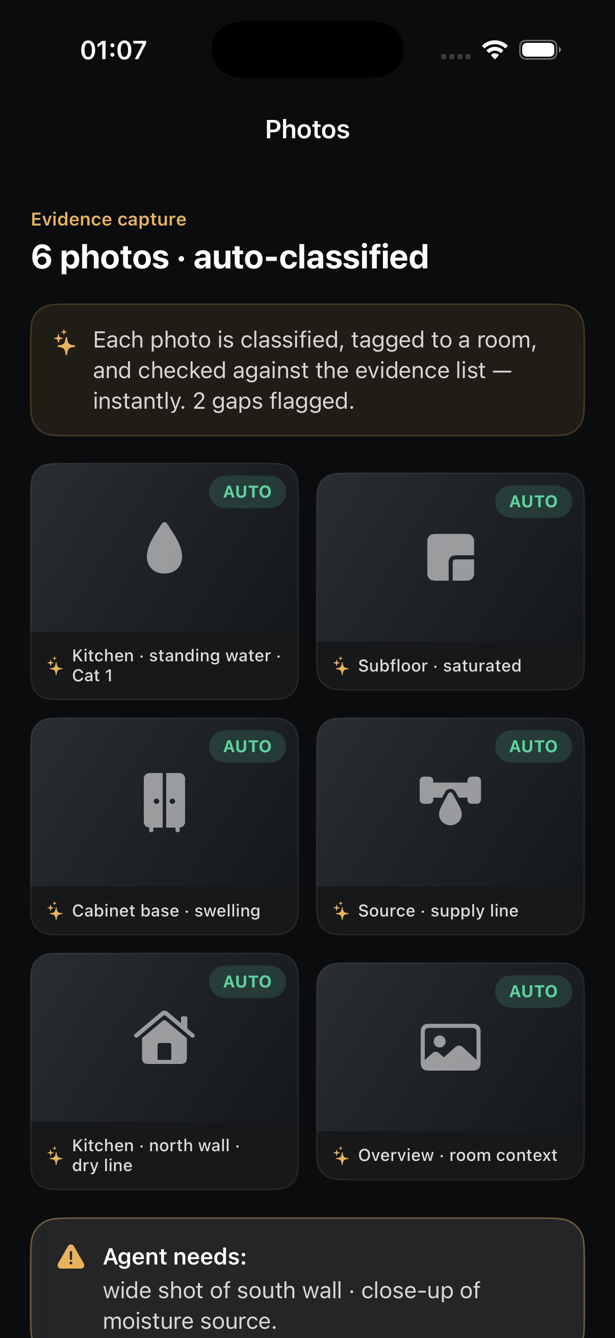 Photos screen: six photos auto-classified and tagged to rooms and damage types — kitchen standing water Cat 1, subfloor saturated, cabinet base swelling, source supply line — each AUTO, with a warning that the agent still needs a wide shot and a moisture-source close-up.