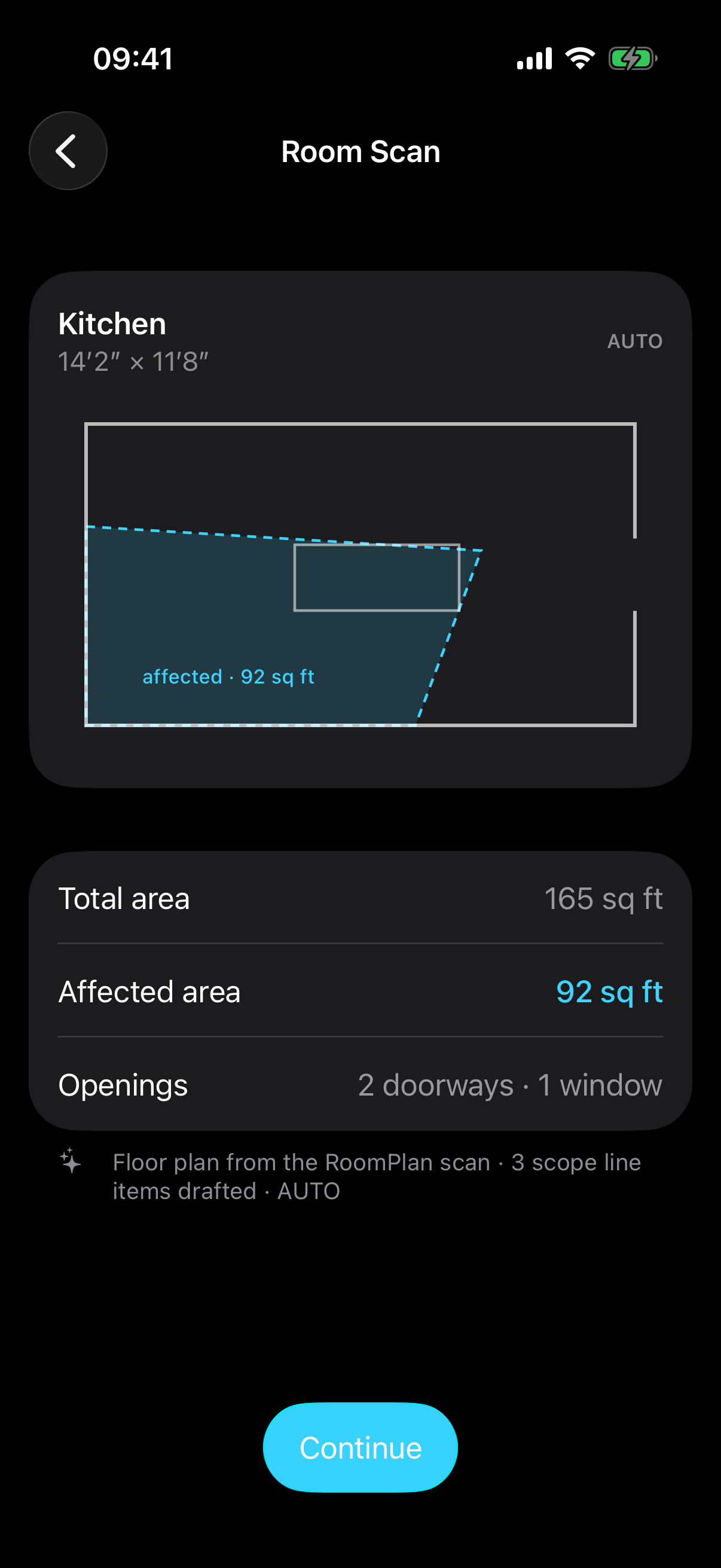 Room Scan result: a floor plan of the kitchen, 14 feet 2 by 11 feet 8, with the affected region outlined in dashed cyan and labeled 'affected · 92 sq ft', plus rows for total area 165 sq ft, affected area 92 sq ft, and openings — 2 doorways, 1 window — footnoted 'Floor plan from the RoomPlan scan · 3 scope line items drafted · AUTO'.